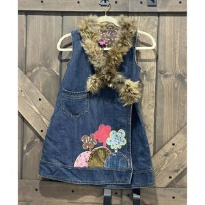 Oilily Girls Denim Jumper/Dress Detachable Fur Trim Patches Size 128 7-8 Yrs Old